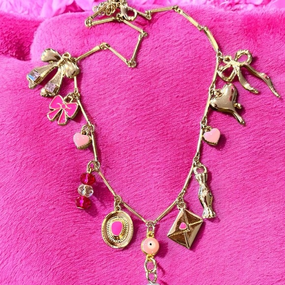 Pink bows and love charms charm necklace. Gold toned delicate chain 15.5”-17.5” - Picture 13 of 16